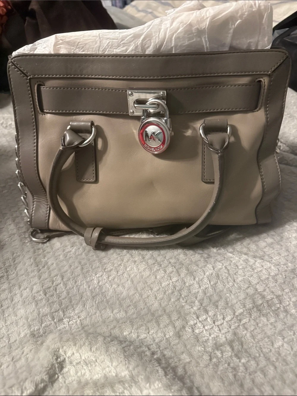 Michael Kors Two-Tone Taupe Satchel with Silver Hardware